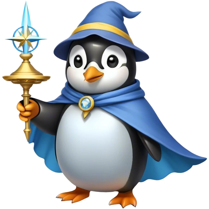 A magical explorer penguin wearing a yellow hat and a flowing cape, holding a floating enchanted compass that glows with blue arcane energy, guiding its way. The penguin looks determined, blending mystery and adventure. emoji