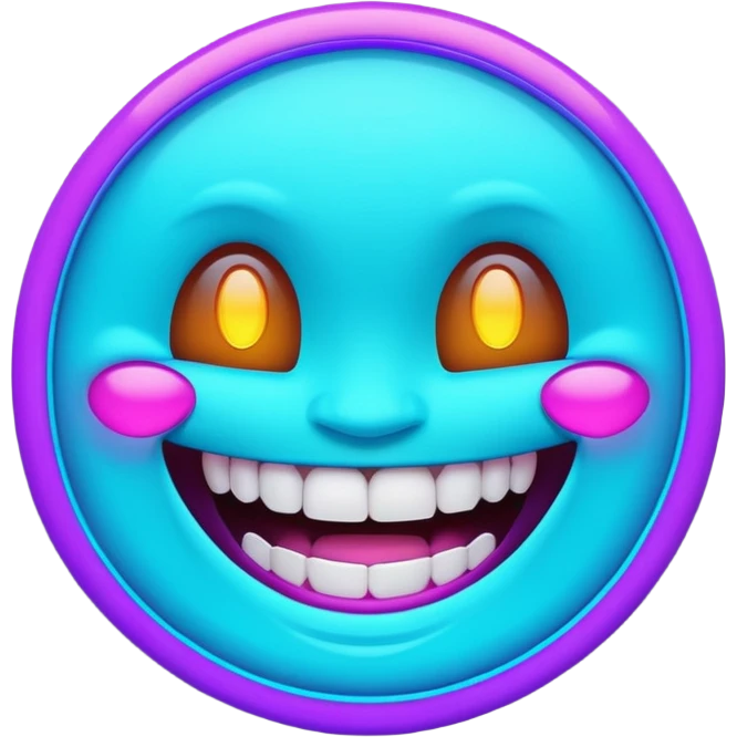futuristic glowing emoji face laughing wide with glowing teeth, purple and cyan neon light, dark background emoji
