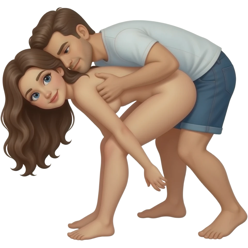 Female Nude facing forward arched, man behind with his face in her asss emoji