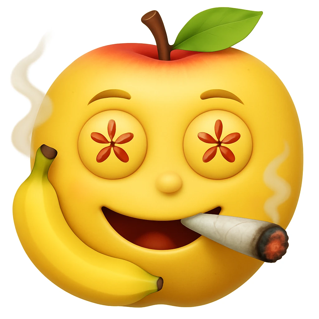 Add a cartoon joint with smoke to the smiley face made of apples as eyes and a banana as the mouth. Make it look like the face is smoking weed, keep the emoji style. emoji