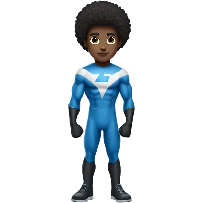 A full body Muscular Afro teenage boy standing in a Blue Mr. Fantastic superhero costume with a backward number 4 on the chest. emoji