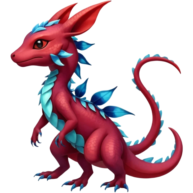 Anthropomorphic Scaley Shiny Red Maroon Sanguine Iridescent Colorful Exotic Salandit-Aurorus-Glaceon-Fakémon-hybrid-creature (full body)  emoji