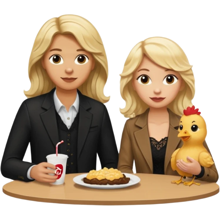 Love tan woman long wavy blonde hair and black lace  with  a man short blonde hair wearing Brown  jacket eating chick filet  emoji