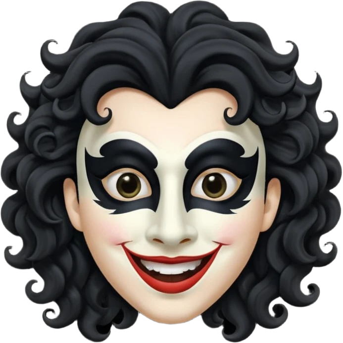 generate theatre mask emoji with a big curly black hair 

wide black smile, long and pointy white nose, pitch black eyes emoji
