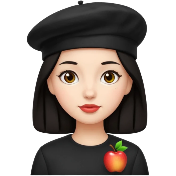 girl with dark hair wearing a black beret hat, apple emoji style emoji