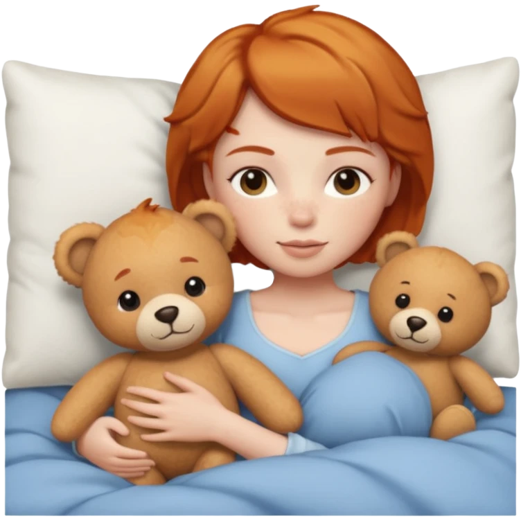 ginger woman short hair cuddle in bed with teddy emoji