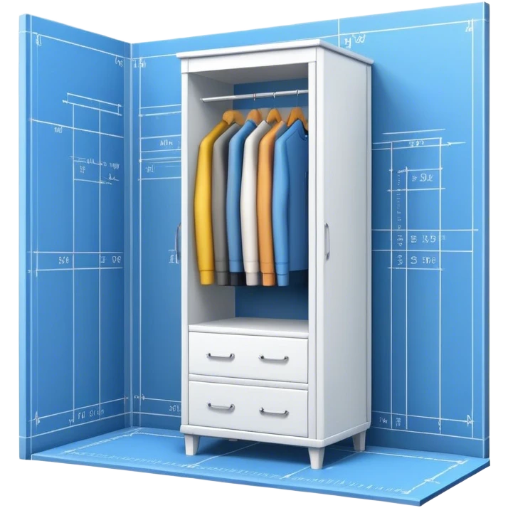 Professional emoji for Furniture Design: a close-up of a 3D wardrobe on top of a blueprint, with a measuring tape beside it. The icon should represent the detailed design and measurement process in furniture design. Transparent background. emoji