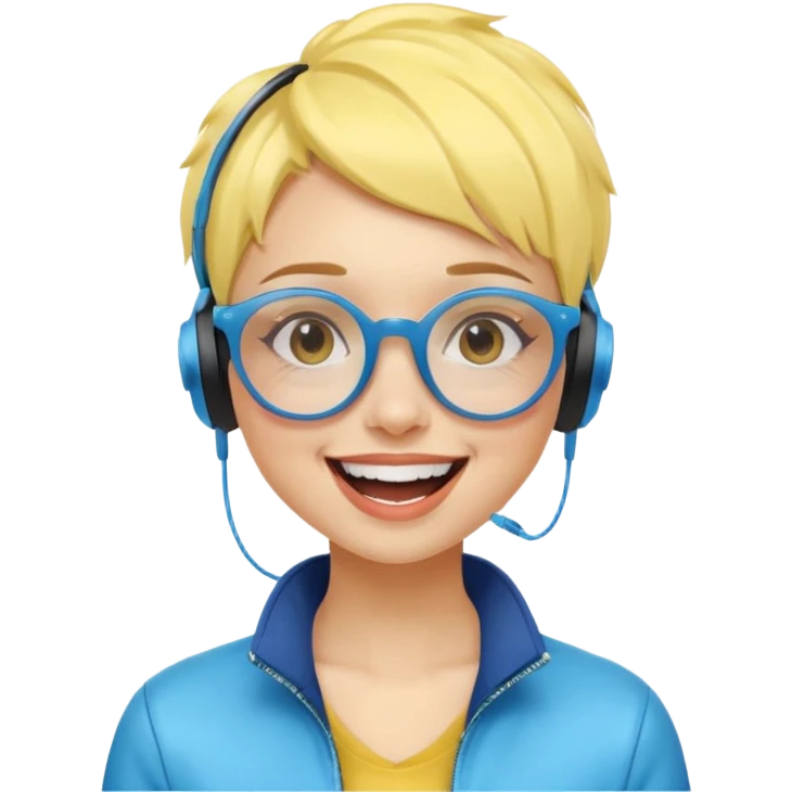 yellow-skinned girl with stylish blue ombre short hair, futuristic glasses, wireless headphones, laughing emoji