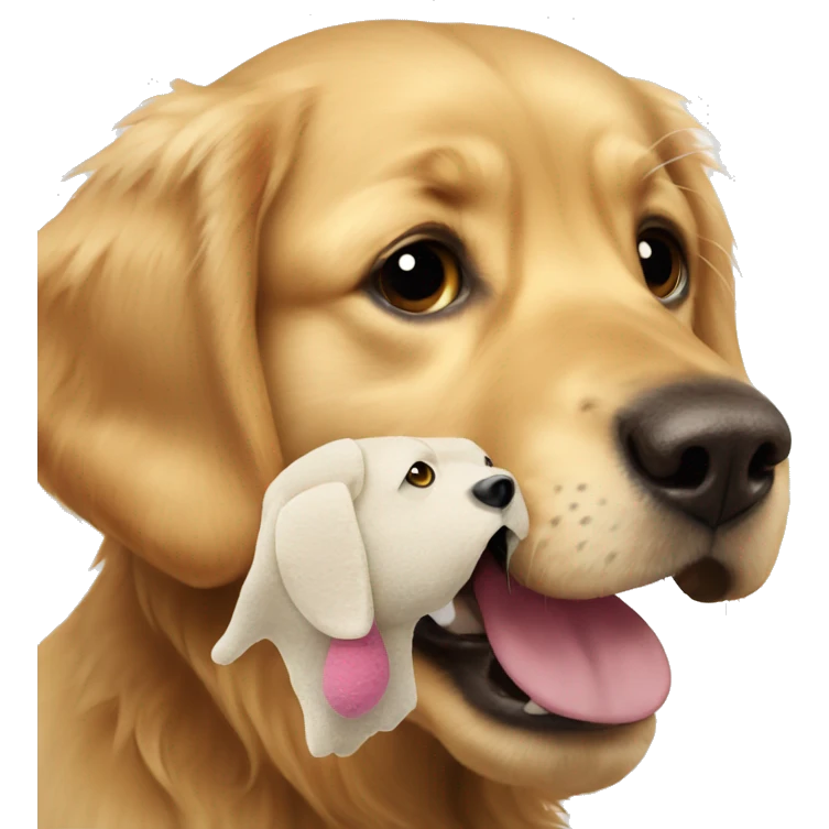 Golden retriever with stuffed dog in mouth emoji