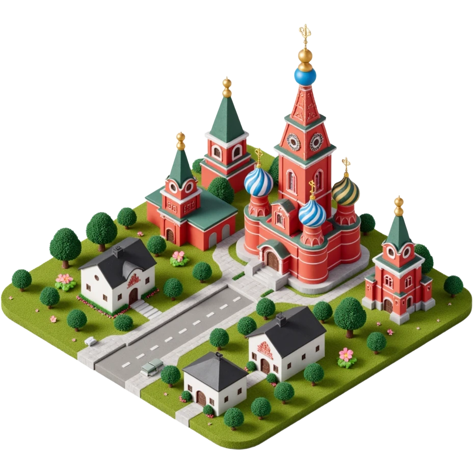 Isometric miniature 3D city with iconic landmarks of Moscow, colorful stylized buildings, cartoon realism emoji