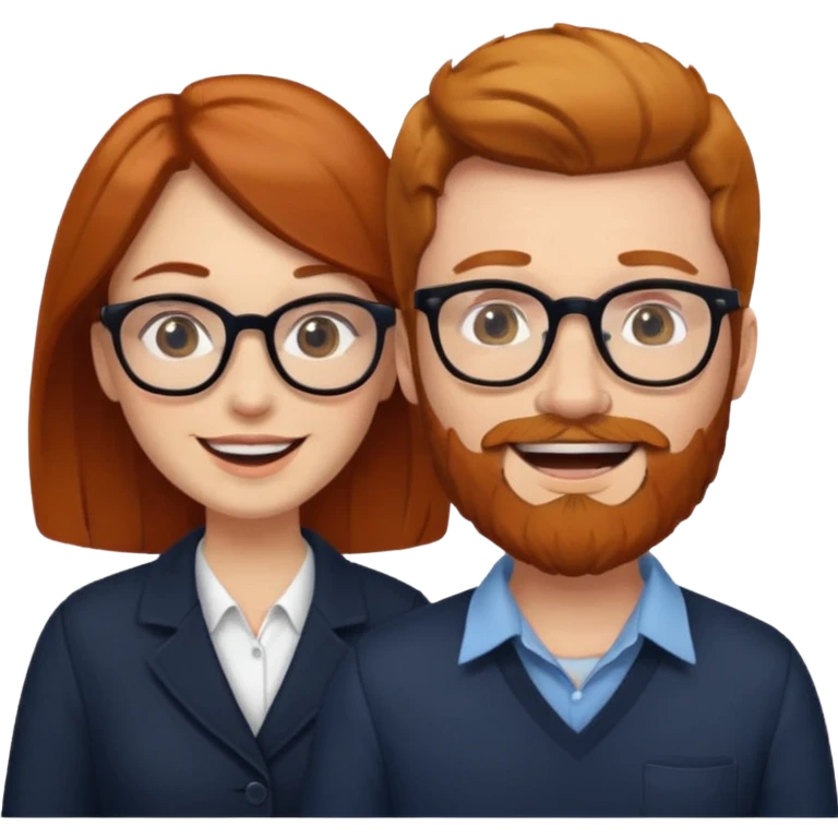 Wedding couple. Woman with dark hair, man with ginger hair and beard with glasses emoji