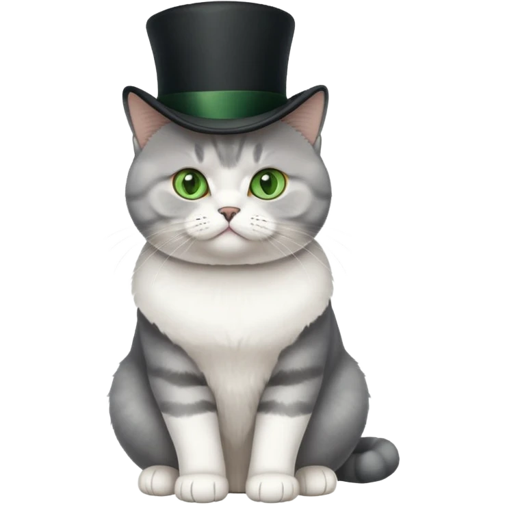 British Shorthair cat full body sitting with a top hat and green eyes emoji