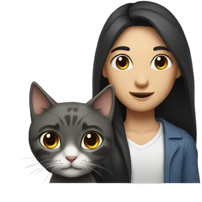 man with very long dark hair and brunette girl with grey cat in her arms emoji