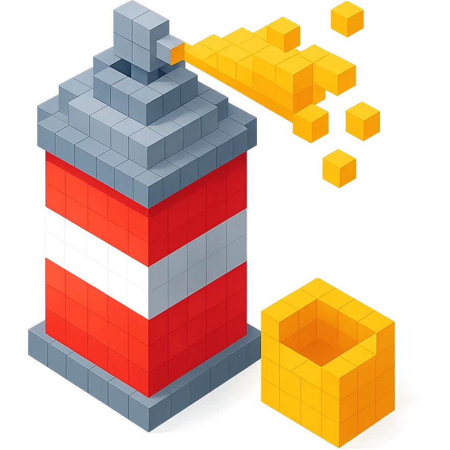 voxel style spray paint can with gold paint, cap off, isometric view emoji