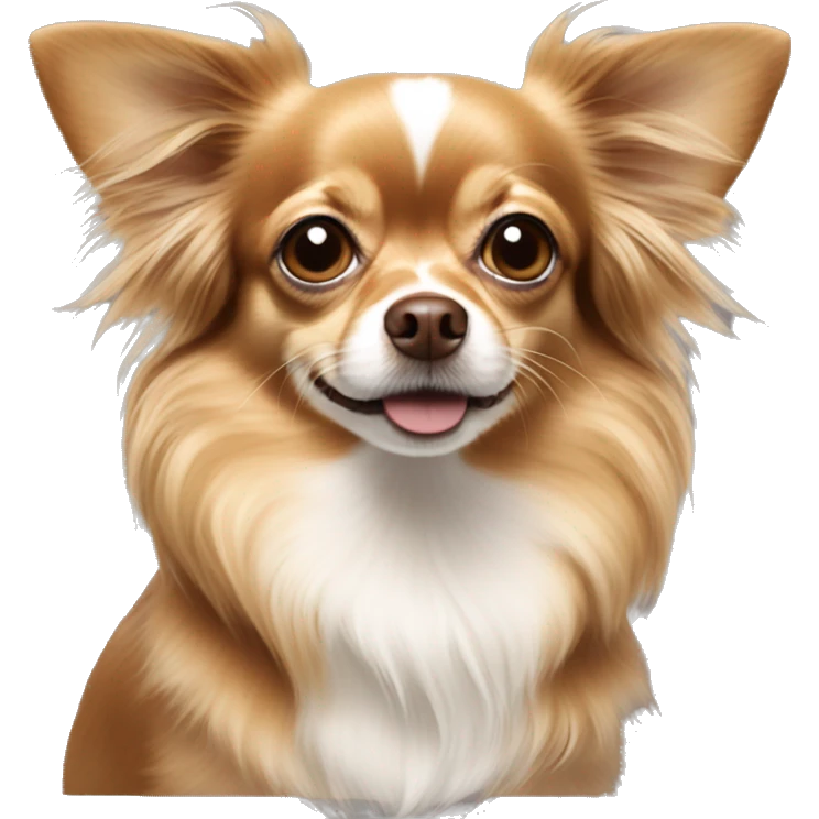 brown long haired chihuahua with white tufts on chest and cropped ears  emoji