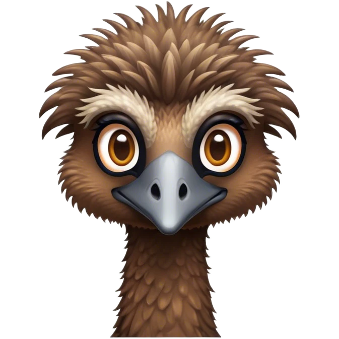 Cinematic Cute Emu Portrait Emoji, Head tilted playfully and inquisitively, featuring a glossy, textured brown plumage with a perky head and round, sparkling eyes full of curious wonder, Simplified yet irresistibly adorable features, highly detailed, glowing with a warm, friendly glow, high shine, affectionate and lively, stylized with a touch of outback whimsy, bright and endearing, soft glowing outline, capturing the essence of a mischievous yet loving emu, so playful it feels like it could gallop out of the screen into your arms! emoji