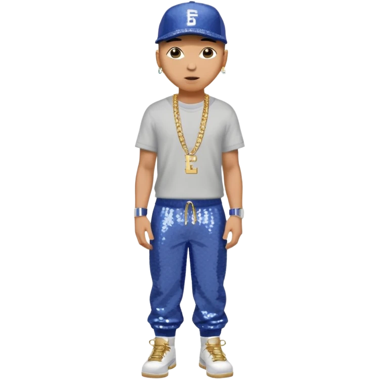 Eminem with periwinkle sequin baggy pants, shirtless with necklace emoji