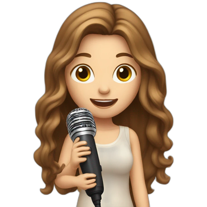 Caucasian girl with long Brown hair performing with a michophone singing emoji