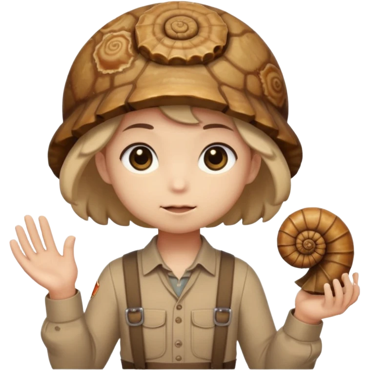 Shelly has a small, chibi-style body with a large ammonite-shaped head that looks like a beige fossil shell. One side of her head has a dark opening, making it clear she isn’t human. Her face is simple and soft, with big round eyes. She wears a brown suspender outfit over a lighter shirt emoji