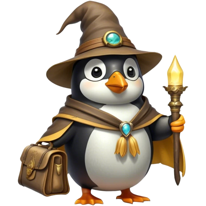 A wizard-explorer penguin inspired by Indiana Jones, wearing a weathered yellow enchanted hat and a flowing cape. It carries a leather satchel with ancient scrolls and holds a glowing magical relic. Cartoon-style, smooth shading, highly detailed, no background emoji