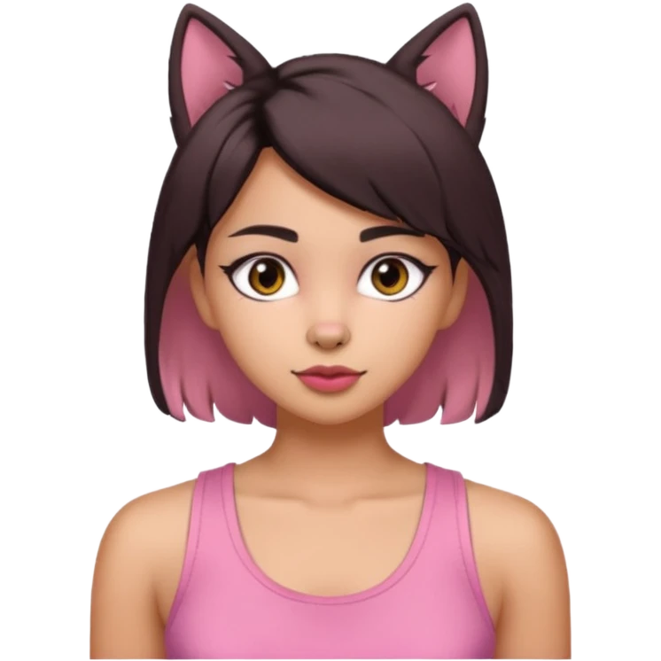 chica morena clara, corte de cabello wolf cut medio, con una blusa de tirantes simple, rosa y coquette emoji