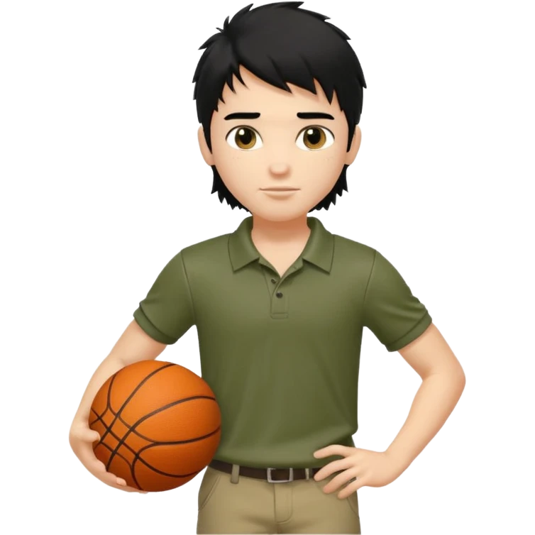 generate a pretty fair bratz boy with a long messy mullet (black hair), carrying a basketball in one hand. Smirking .  Wearing an olive polo shirt. Lean but biceps emoji
