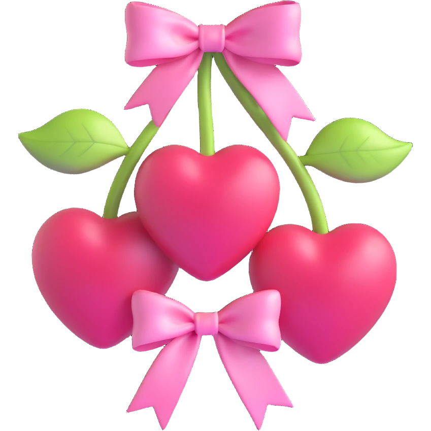 two pink heart-shaped cherries with a pink ribbon bow, glossy and cute, on a white background emoji