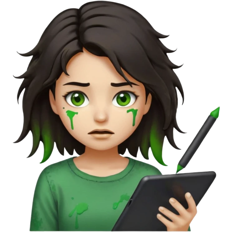 emoji holding and drawing on tablet using a stylus, looking down at screen in frustration, female, messy dark hair, green eyes, alternative/grunge style, screen slightly visible with splashes of color like a paint palette  emoji