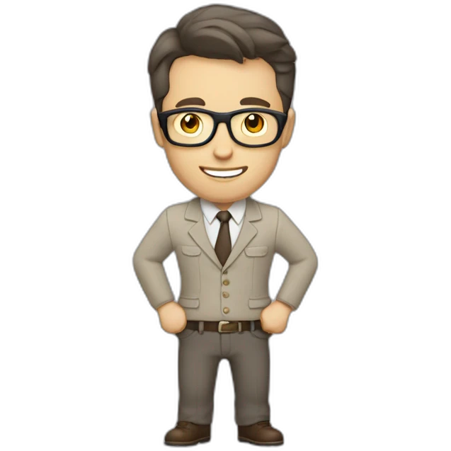 To belt Actively gesturing with hands Pale skinned fit man with dark brown hair in gray jacket, beige office shirt, brown tie, brown pants and vintage glasses. emoji