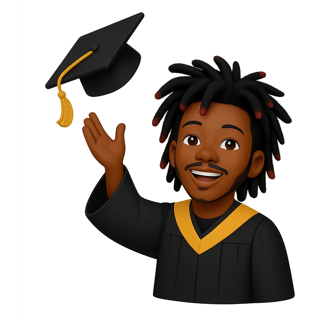 Create a male African American graduate emoji based on the reference photo with his hairstyle and features, wearing a graduation cap and gown, throwing the graduation cap in the air. Remove the background. emoji