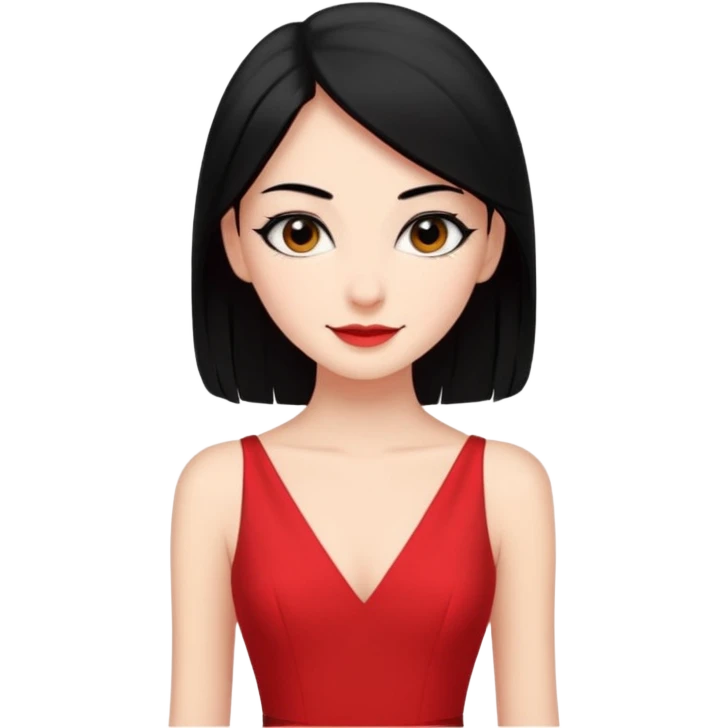 Chica súper joven y delgada con delineado con vestido rojo escotado en la espalda y pelo semi largo negro, con sonrisa coqueta emoji