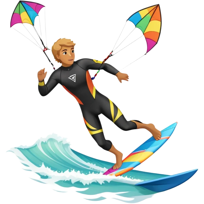 The scene captures the energy and freedom of the sport, with the sun shining and the ocean's waves splashing around. A kite surfer gliding across the ocean, with a colorful kite soaring high in the sky and the surfer carving through the waves.  emoji