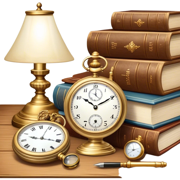 Icon for Antiques Collecting: a vintage pocket watch, an old ornate lamp, and a porcelain figurine, all placed on a wooden table surrounded by aged books and a magnifying glass. The icon should evoke the elegance and history of antique collecting. Transparent background. emoji