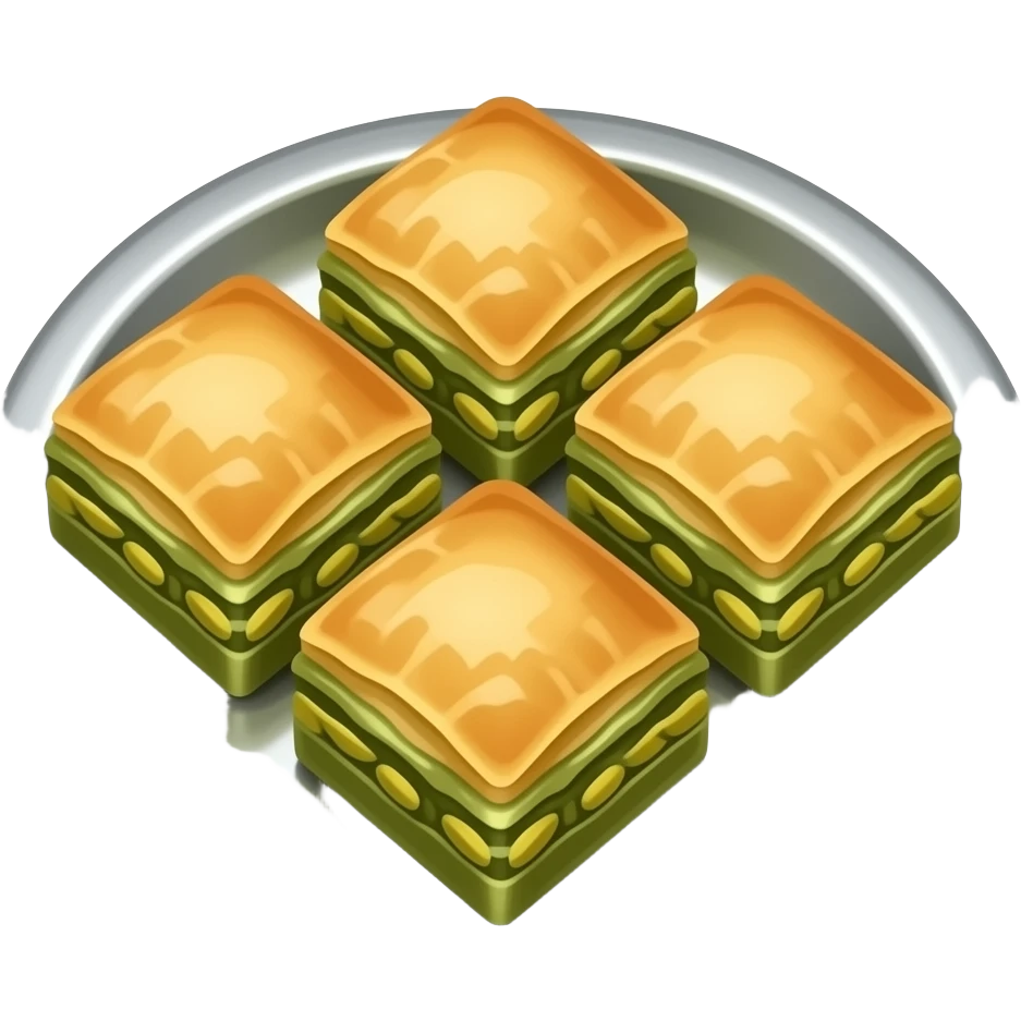 Yuvarlak gümüş bir tepside kare dilimlenmiş 2×3 sıralı toplam 6 adet fıstıklı baklavalar tepsiyi çizmeyi unutma emoji