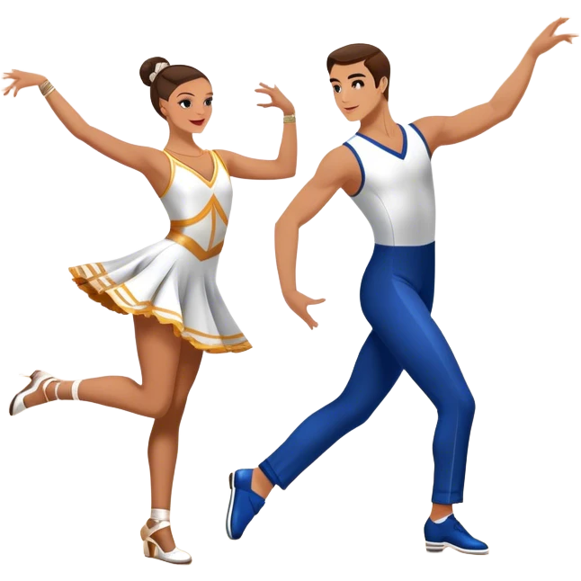 Icon for Sports Dance: a couple performing an energetic and synchronized dance, dressed in competitive dance attire, dance shoes, a rhythmically placed dance floor, and a competition backdrop. The icon should capture the athleticism, technique, and precision of sports dance. Transparent background. emoji