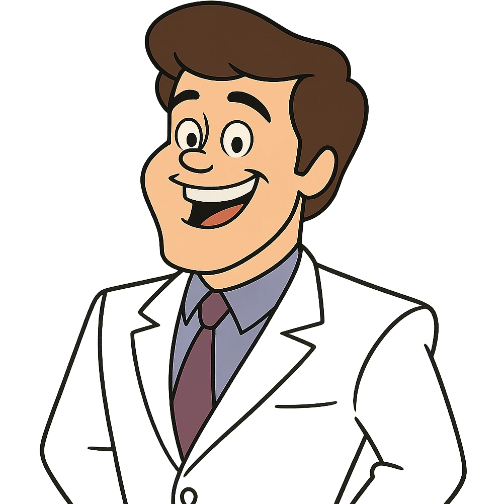 Donny Osmond from Johnny Bravo, cheerful man with brown hair, white suit, and big smile, cartoon style emoji