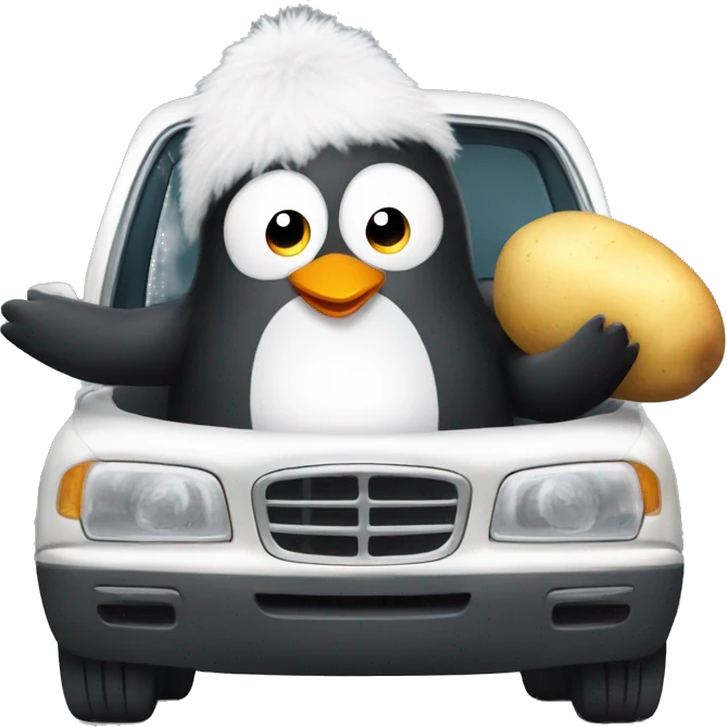 A fluffy penguin eating a potato inside of a car emoji
