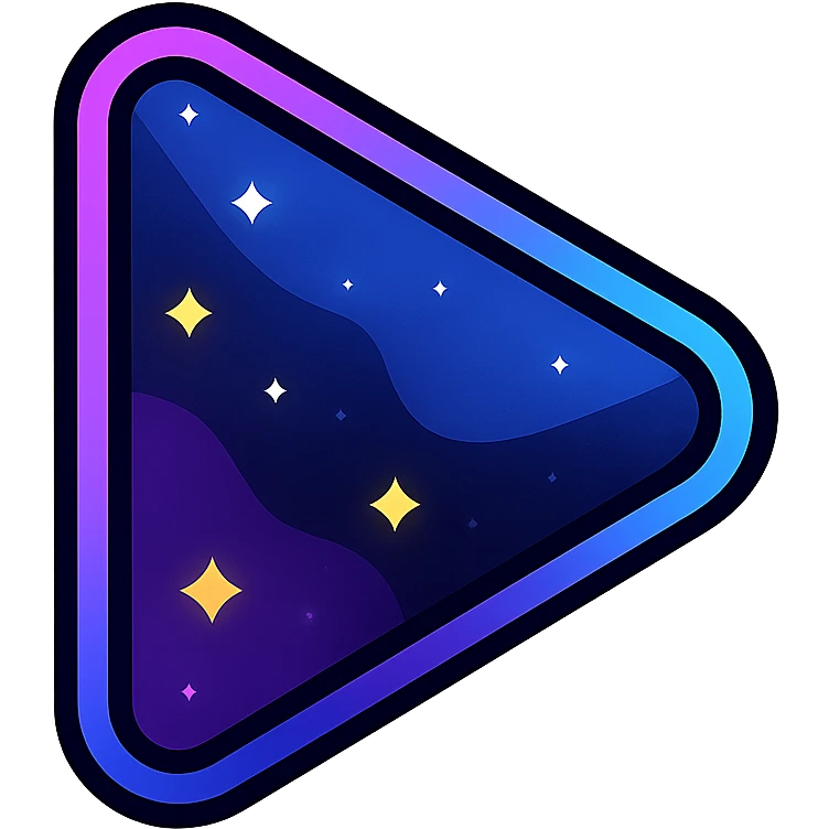 play icon, modern clean triangle with neon border and glowing effect, dark purples blues blacks base, nebula gradients, small bright stars, specular highlights, luminous look emoji