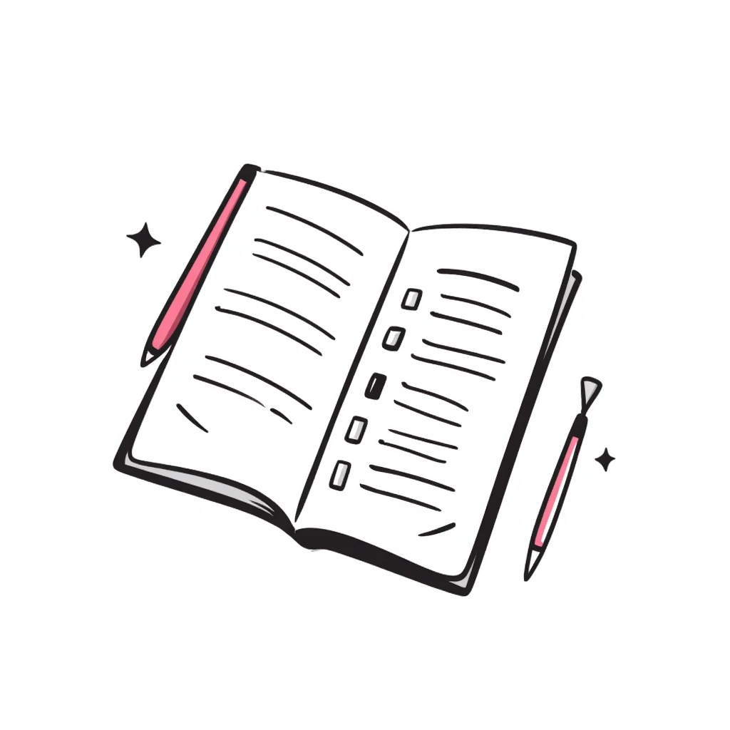 white notebook with some list on it and a pink pen nearby, notion style emoji