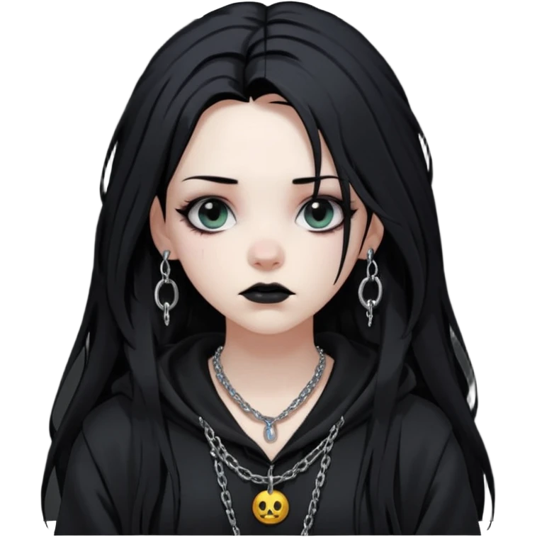 Female Goth with Beanie
 Messy long hair, white skin, oversized black hoodie, chain accessories. emoji