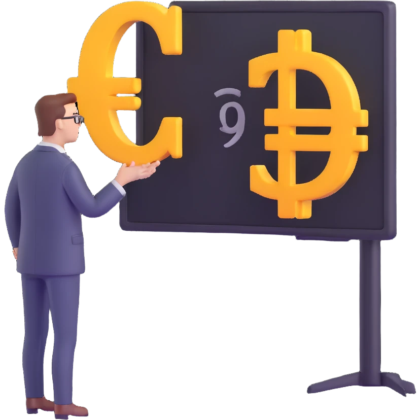 business analyst studying price data with euro symbol € on screen emoji
