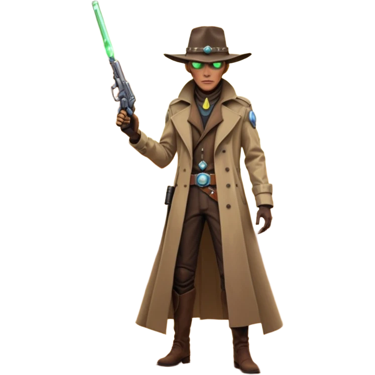 A tall alien cowboy standing in a dusty desert on an alien planet, wearing a futuristic cowboy hat and long trench coat, glowing eyes, twin plasma revolvers on his belt, dramatic sunset, cinematic lighting, ultra realistic, high detail, epic sci-fi western atmosphere

 emoji