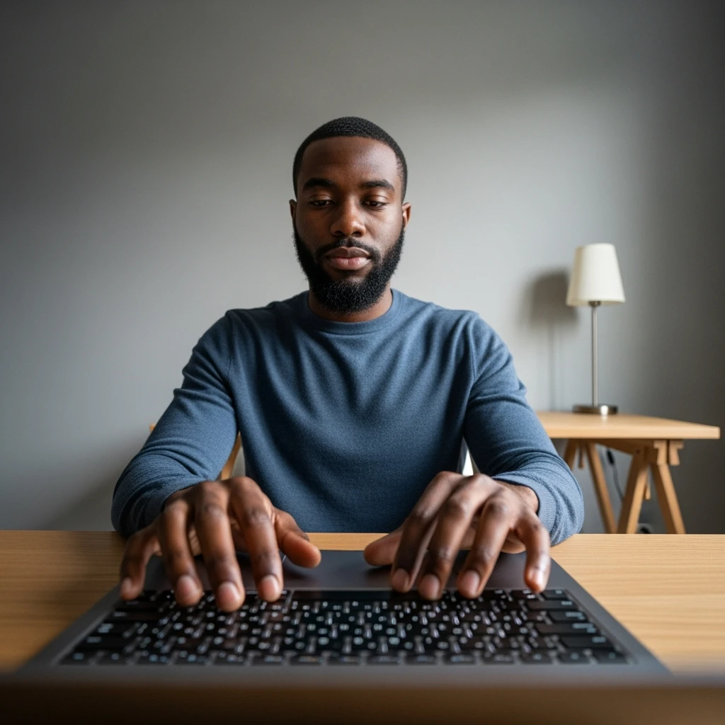 Cinematic still, POV camera, Man writing on macbook pro keyboard, minimalistic environment emoji