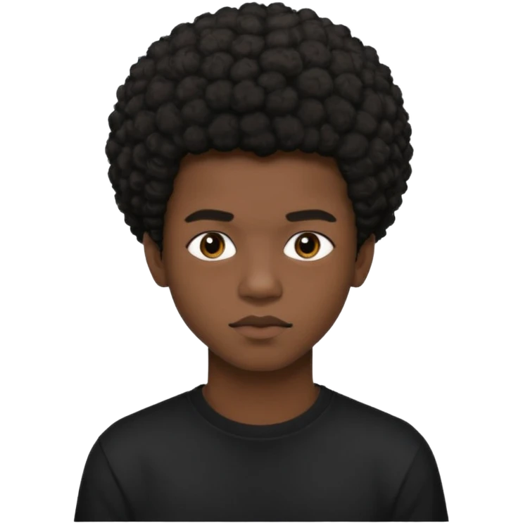 Une homme de 17 ans il a la peau noir foncé , des lèvres pulpeuses et un regard nonchalant. Il a un petit afro taper emoji