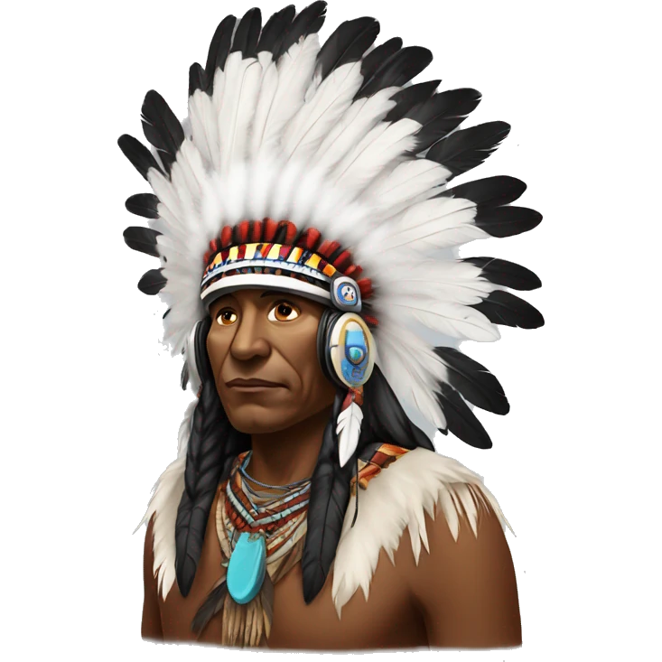 Black Indian chief with headset on and feathers emoji