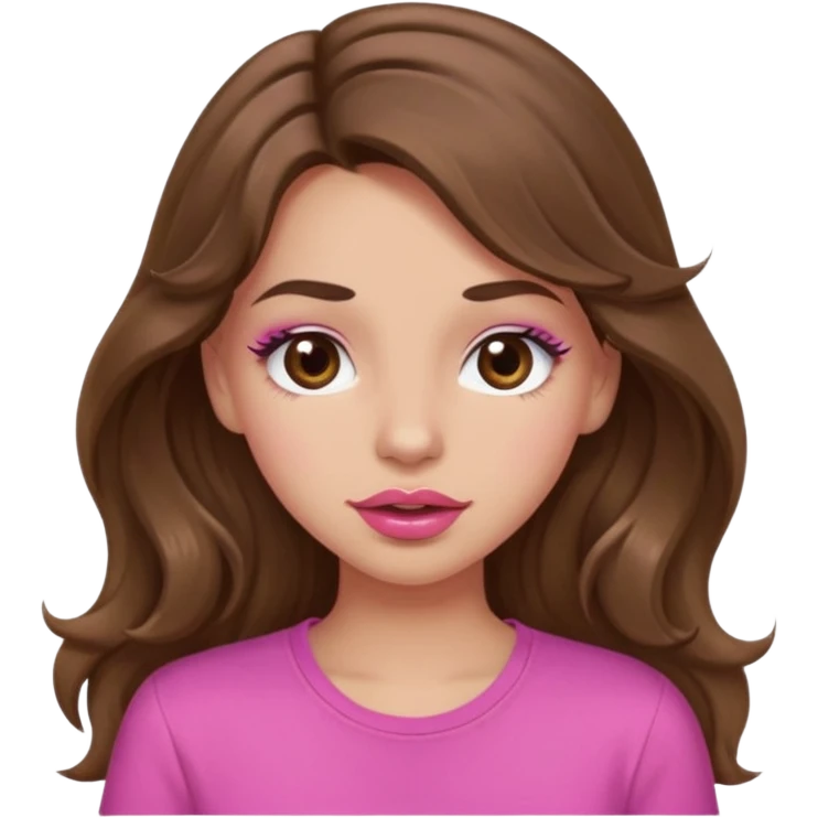 girl with long wavy brown hair, brown eyes, light to medium complexion, in a pink shirt, pink lips, long lashes, puckering lips, winking emoji