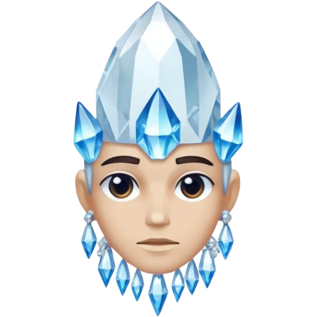 A single crystal character inspired by a clear quartz cluster, chunky base with many tall transparent crystal spikes growing upward all around it with a face emoji