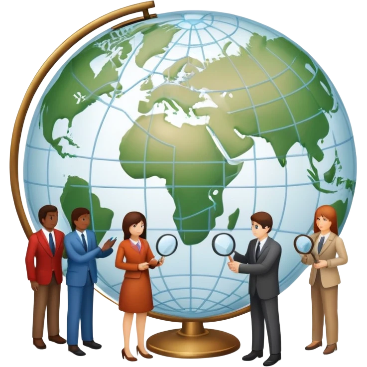 An icon featuring a group of people, a network diagram, and a magnifying glass, symbolizing sociology. The design includes a globe and interconnected lines, representing social structures and relationships. Transparent background highlights the study of societies and human behavior. emoji