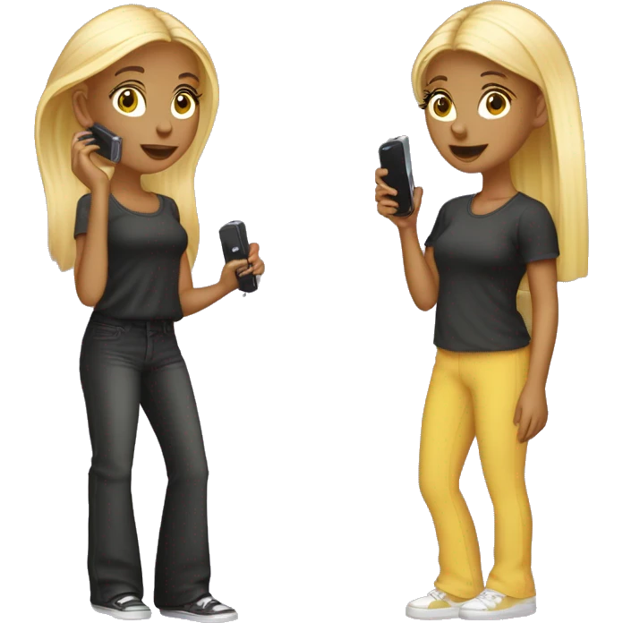 Y2k twin girls with flip phones and flare trousers and y2k hairstyles emoji