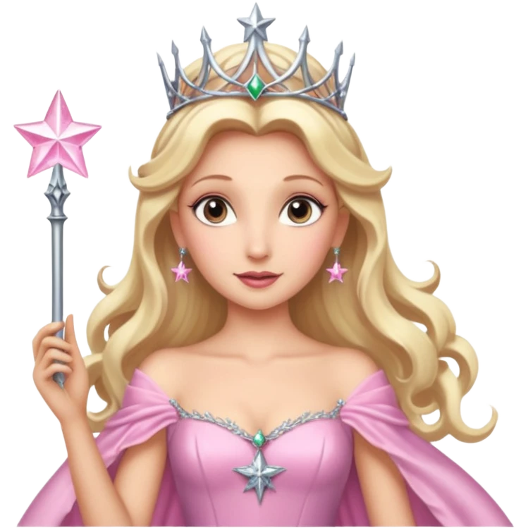 glinda the good witch from wicked movie (ariana) blonde hair, beautiful, big silver thin tiara, star wand, pink gown emoji